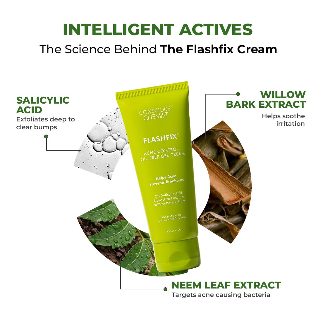 Conscious Chemist® 2% Salicylic Acid Cream | 50g | Acne Spot Corrector | Moisturizer for Oily Acne Prone Skin, Face Cream for Men & Women, Overnight Acne & Oil Control, Itchiness & Redness, Non greasy Gel Cream - Flashfix
