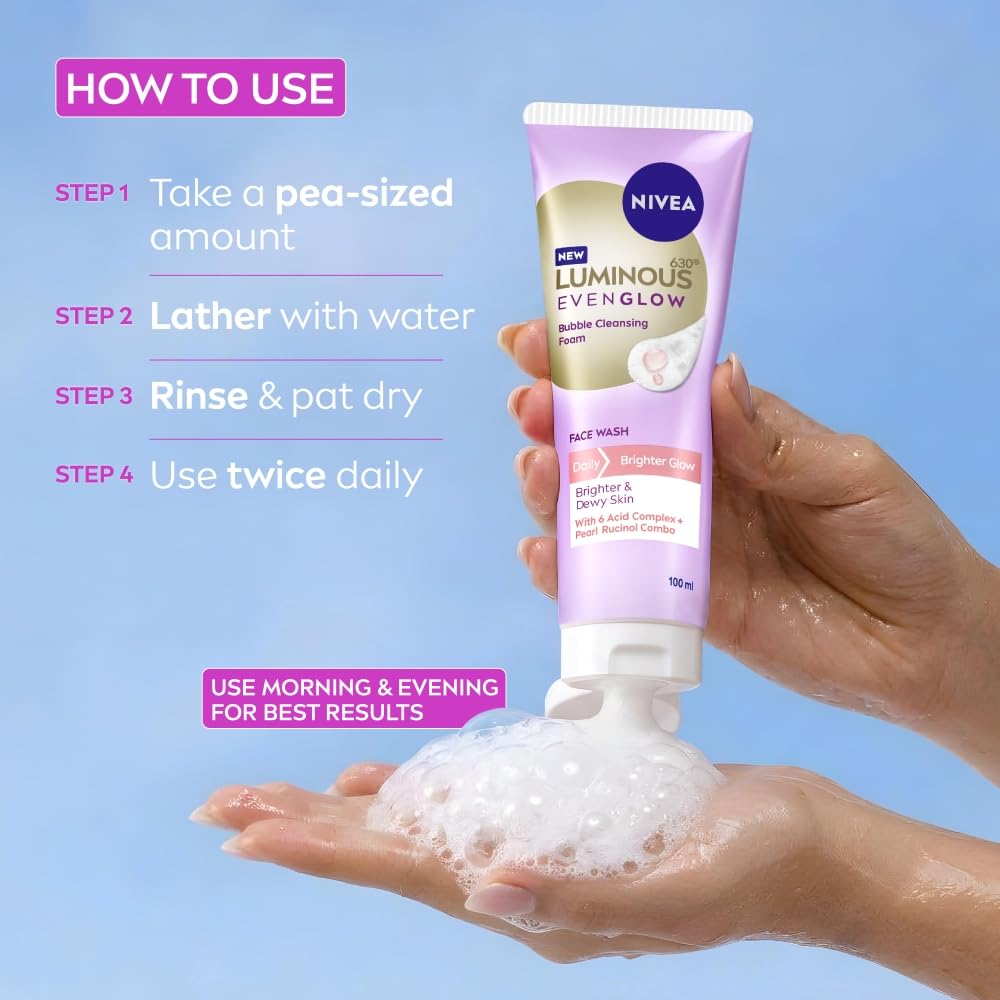 NIVEA Luminous Even Glow Bubble Cleansing Foam Face Wash | For Glowing Skin, Skin Brightening & Refined Pores | Pearl Rucinol + 6 Acid Complex | Makeup Remover | Daily Face Cleanser | 100ml