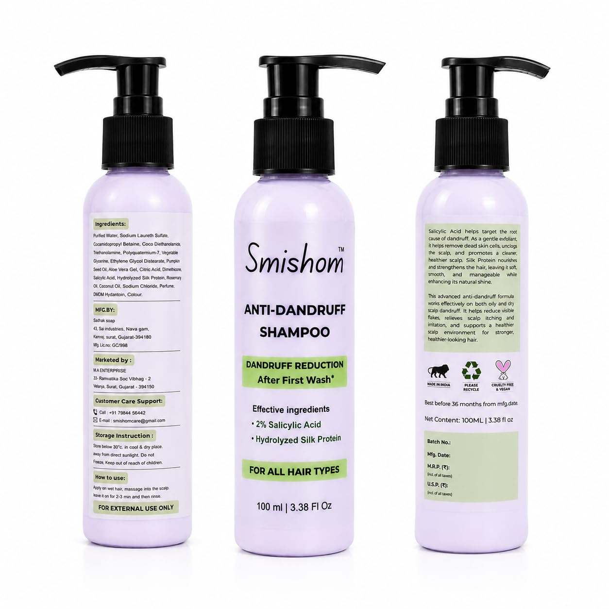 Smishom Anti-Dandruff Shampoo | Dandruff Reduction After First Wash | ZPTO-Free | pH balance | 2% Salicylic Acid & Hydrolyzed Silk Protein | Reduces Dandruff, Itchy Scalp | For All Hair Types | Light Lavender -100 ml