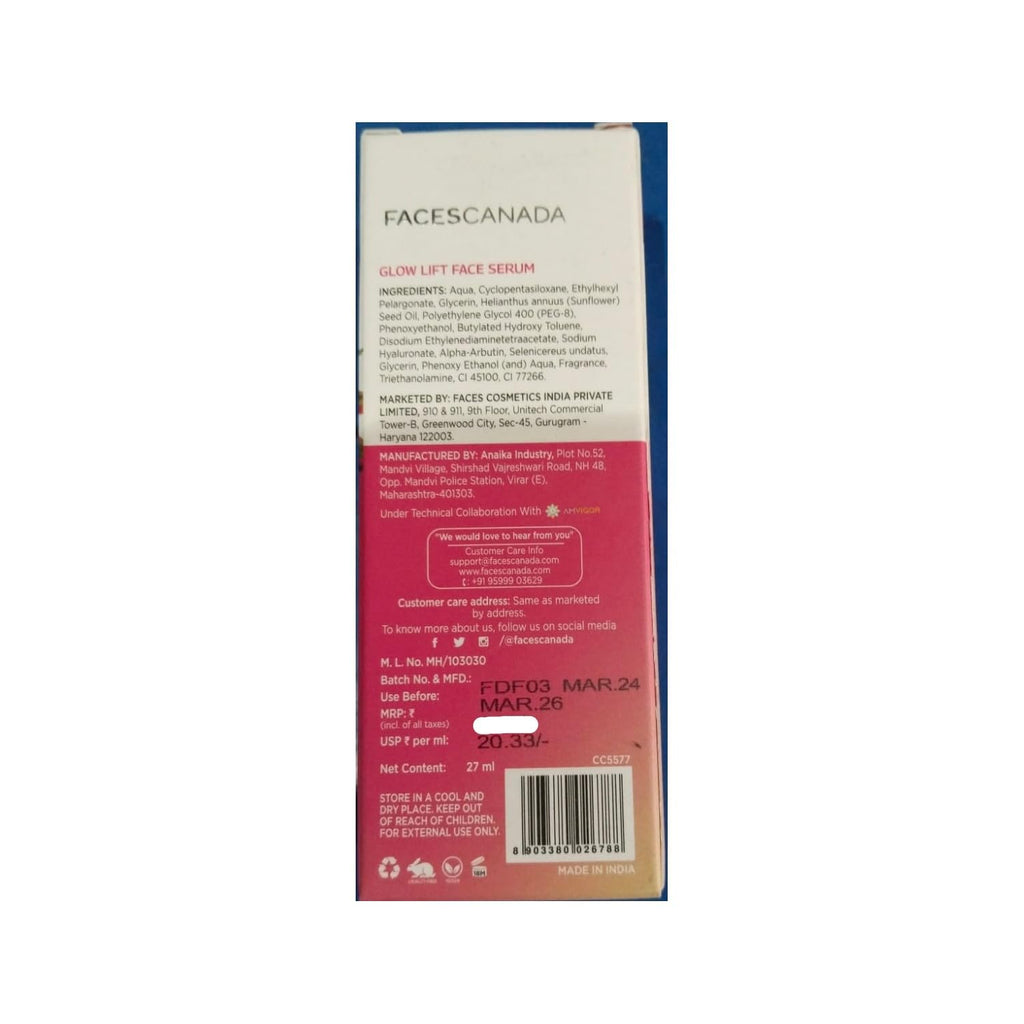 FACES CANADA Glow Lift Serum, 27 ml | Dragon Fruit & Arbutin | Biphasic Face Serum | Restores Glow & Hydrates For Spotless, Radiant & Plump Skin | Helps Reduce Dark Spots & Pigmentation | 2% Salicylic Acid (w/w)