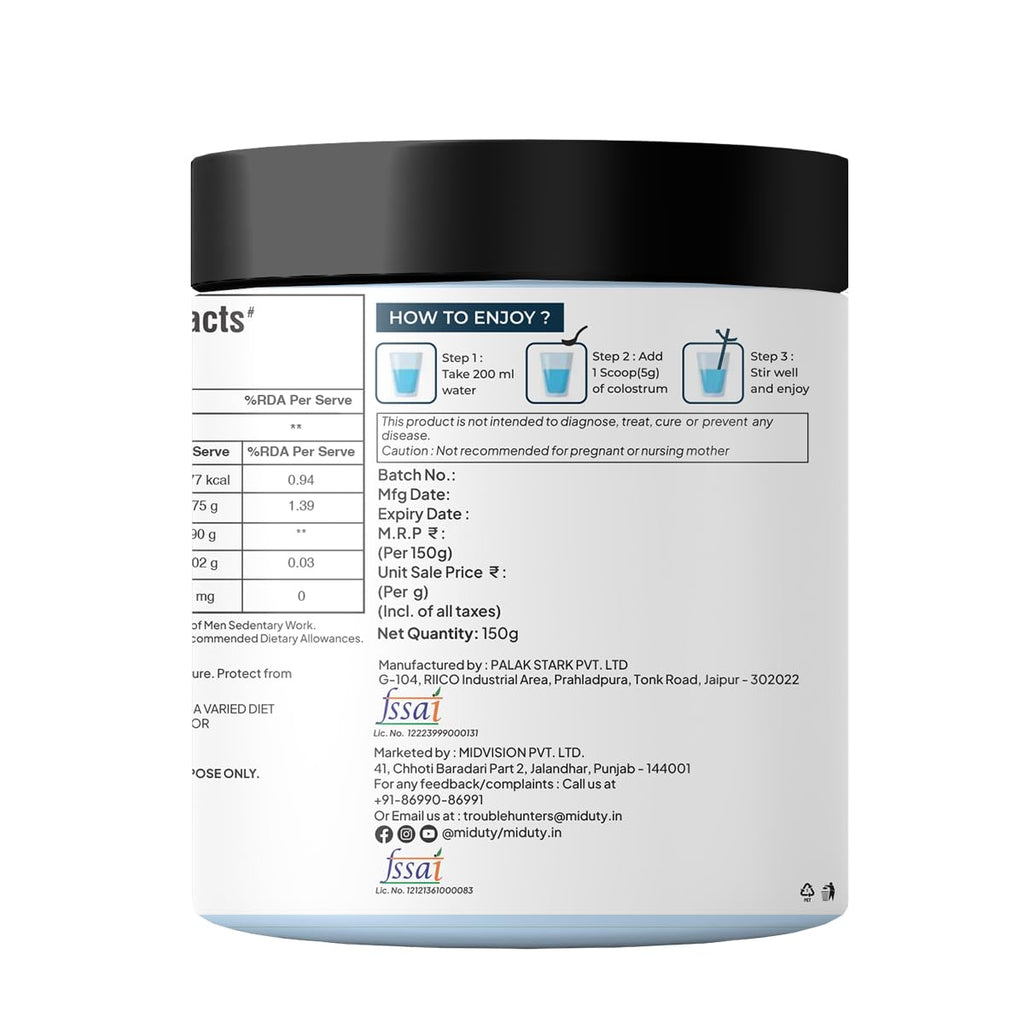 Miduty by Palak Notes Liposomal Colostrum - Increase bone and muscle mass - Probiotic Supplement for Gut Health - Muscle Growth - Boosts Immunity - Better Workout recovery - Colostrum Powder - 150 gm