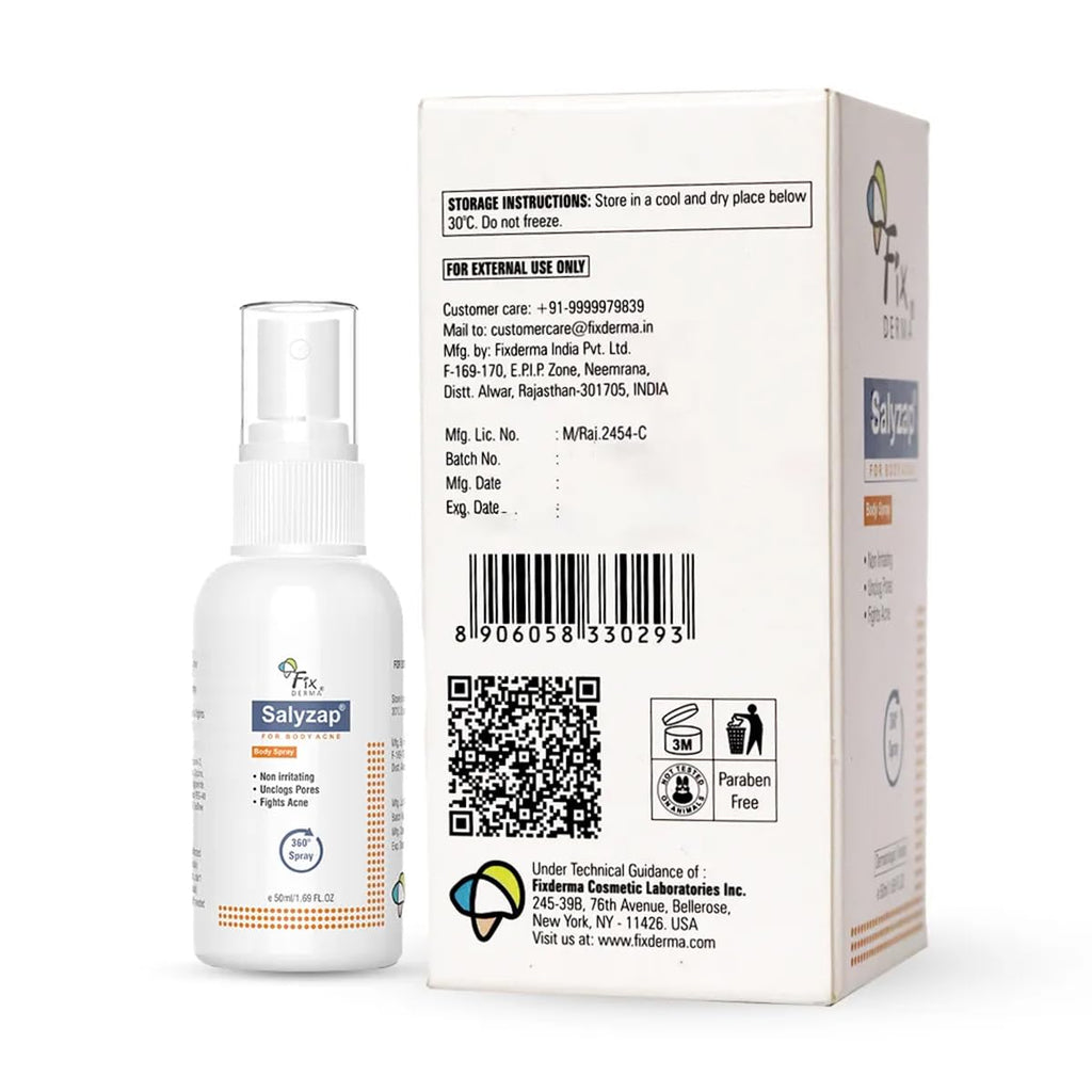 Fixderma 2% Salicylic Acid Salyzap Body Acne Spray For Acne on Back, Shoulders, Neck & Chest to improve Breakouts & Uneven skin texture for Women & Men - 50ml