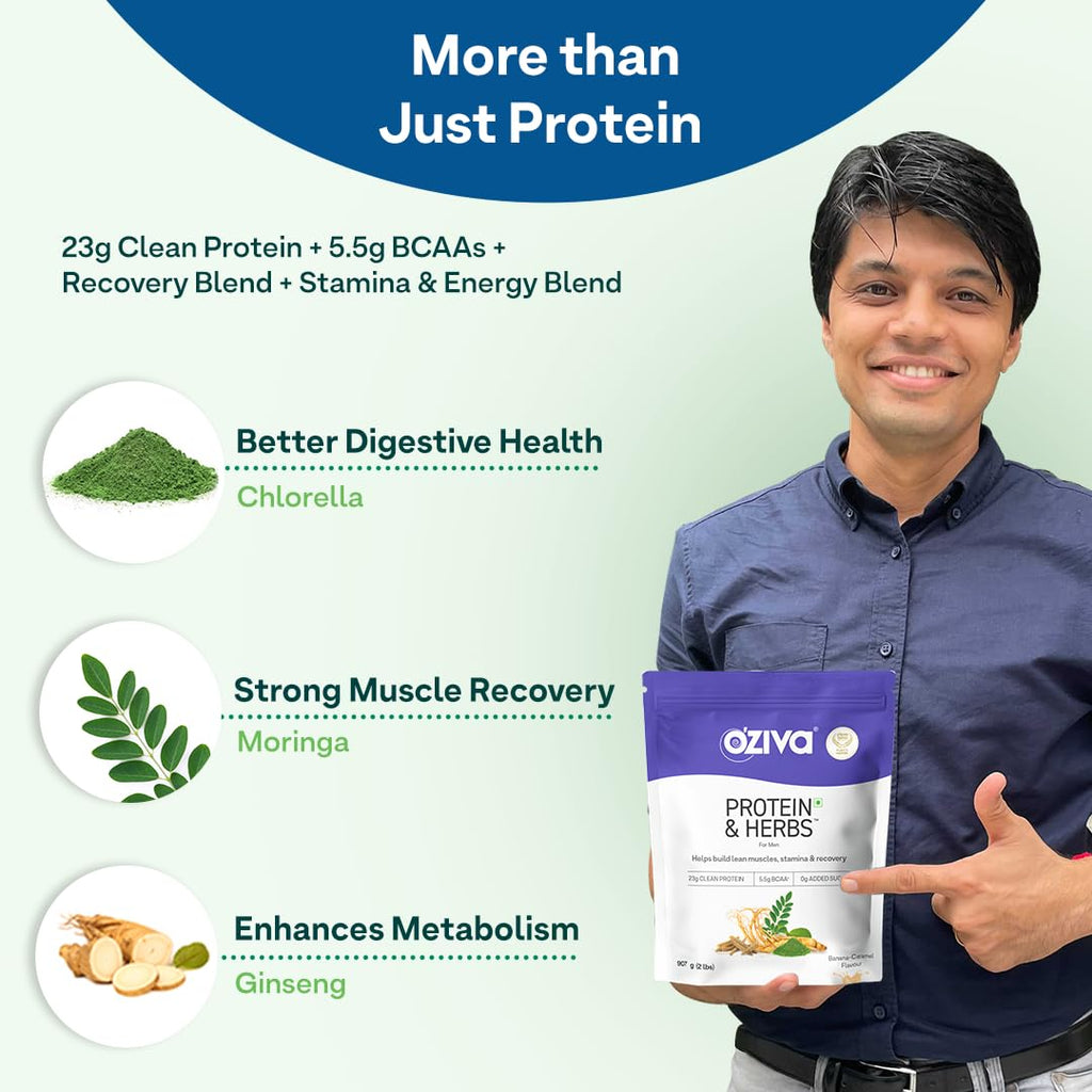 OZiva Protein & Herbs for Men (Banana Caramel) I Muscle Building, Stamina & Recovery | Clean Protein, Shatavari, Green Tea I No Added Sugar, 2lbs (907gm)