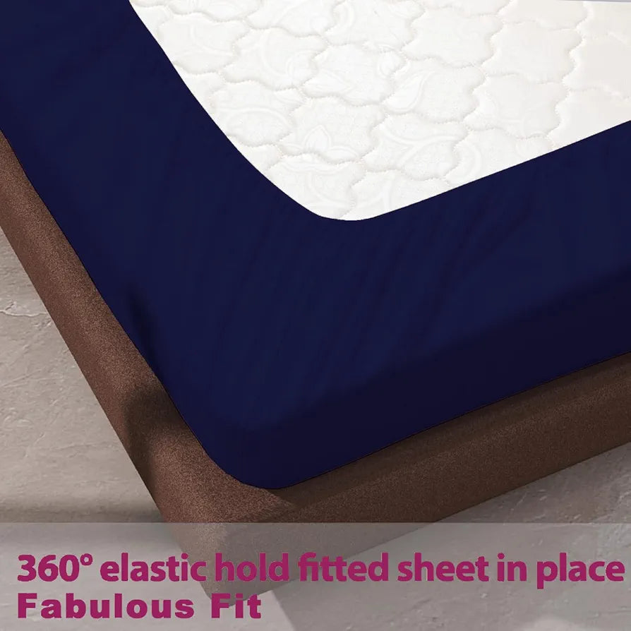Trance Home Linen 100% Cotton 78x72 inch King Elastic Fitted Bedsheet 400 Thread Count Premium Bedsheet with 2 Pillow Covers Colour Navy Blue