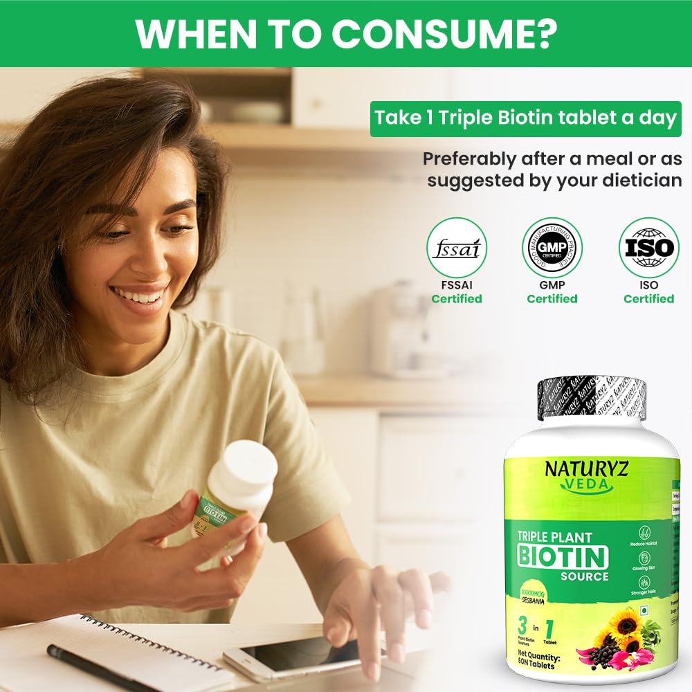Naturyz Veda Triple Plant Biotin For Hair Growth | 100% Rda Biotin| Sesbania Agati | With 3 Vegan Sources | Stronger & Increased Hair Density | Shinier Nails | Glowing Skin - 60 Tablets