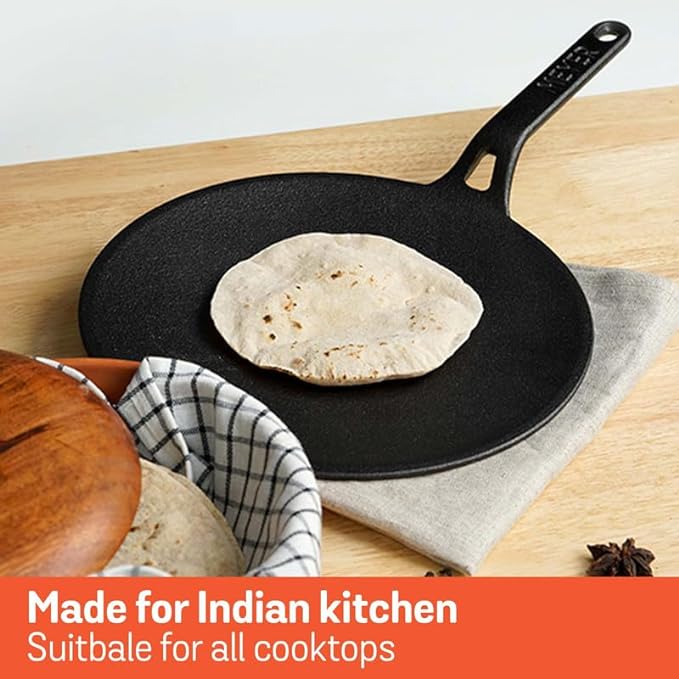 Meyer Pre-Seasoned Cast Iron Flat Tawa with 2 Side Handles 30cm Black