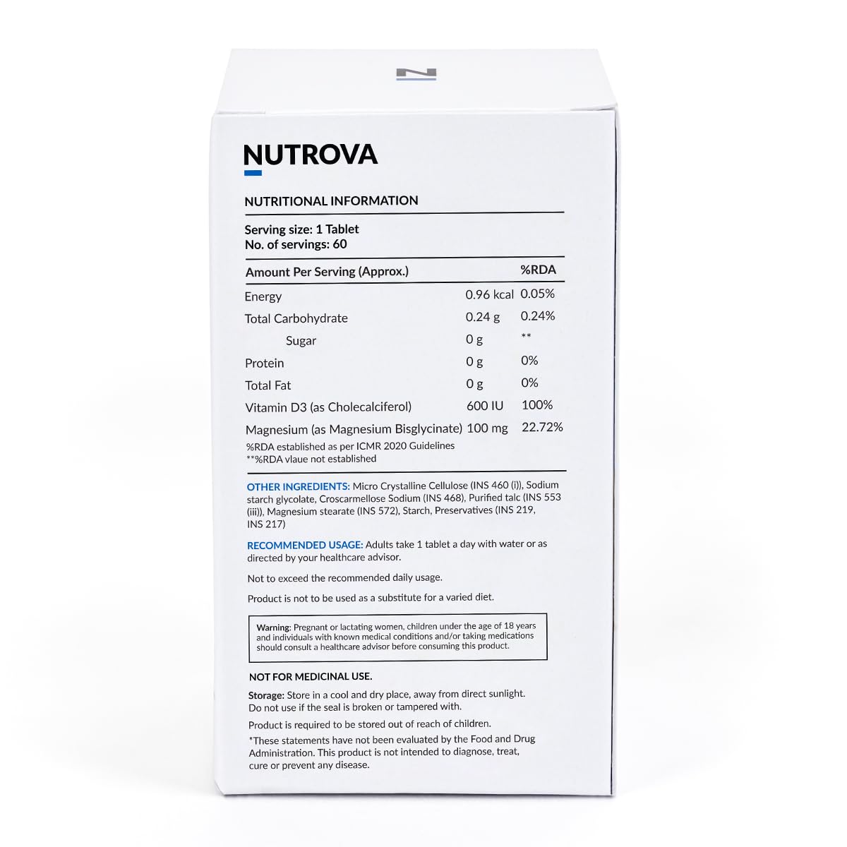 Nutrova Magnesium+D3 | With Magnesium Bisglycinate & Vitamin D3 | Supports Better Sleep, Mood, Energy & Muscle Recovery | High Absorption Formula | Gentle on Stomach | 60 Veg Tablets