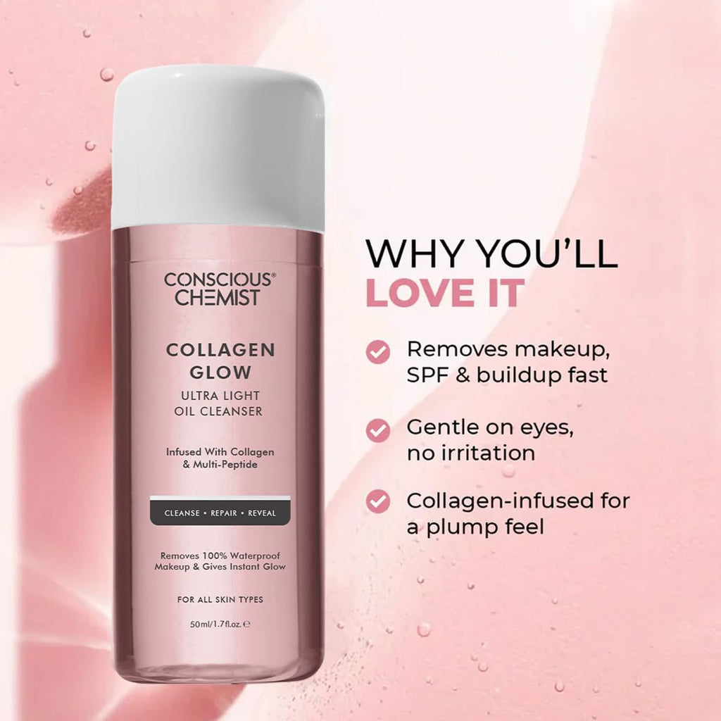 Conscious Chemist® Collagen Glow Ultra Light Oil Cleanser | 50ml | Makeup Remover & Nourishing Oil Cleanser with Hydrolyzed Collagen & Peptides | Improves Elasticity, Smooths Texture & Supports Skin Barrier | For Men & Women, All Skin Types