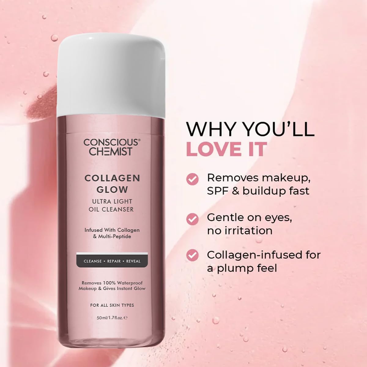 Conscious Chemist® Collagen Glow Ultra Light Oil Cleanser | 50ml | Makeup Remover & Nourishing Oil Cleanser with Hydrolyzed Collagen & Peptides | Improves Elasticity, Smooths Texture & Supports Skin Barrier | For Men & Women, All Skin Types