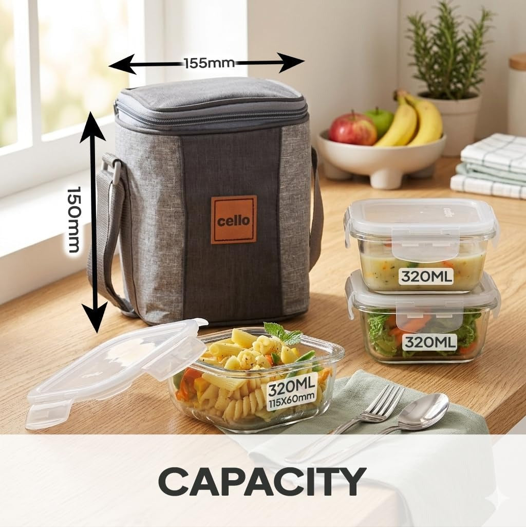 Cello Glassy Square Lunch Box Set of 3 Pcs (320ml x 3) with Jacket