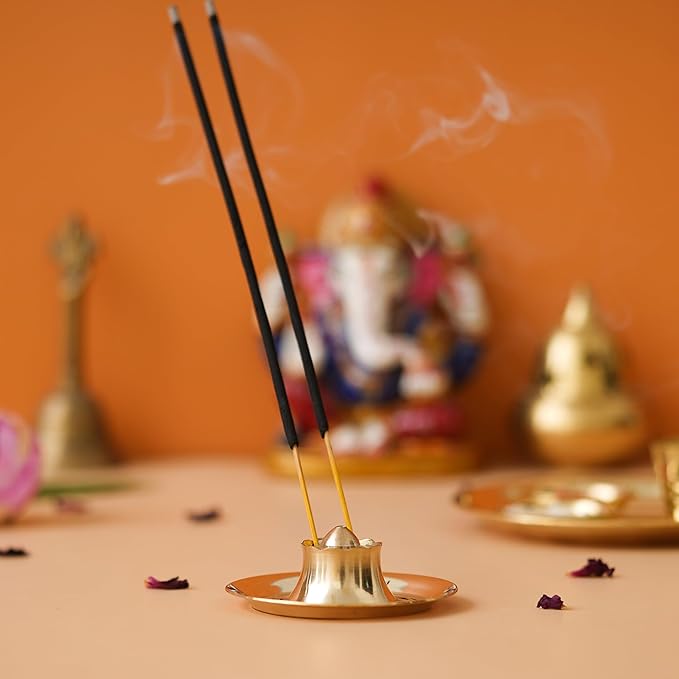Ecraftindia Golden Brass Agarbatti Stand for Pooja | Incense Stick Holder With Ash Catcher | Agarbatti Holder | Incense Holder
