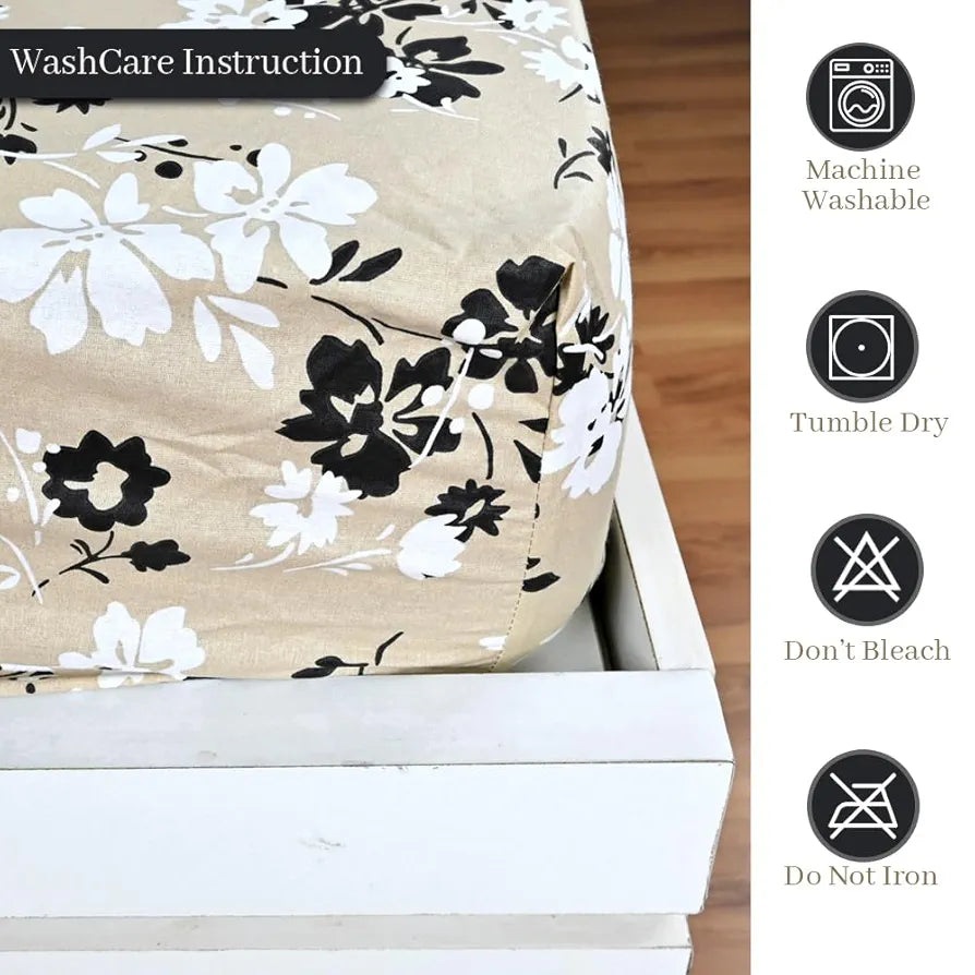 Divine Casa Floret 100% Cotton Double Fitted Bedsheet 144 TC Colour Ivory Sunflowers
