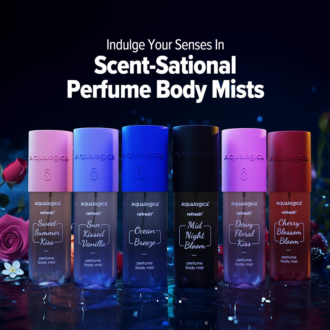 Aqualogica Refresh+ Midnight Bloom Perfume Body Mist, 150ml | Raspberry & Amber Fragrance | Long-Lasting Hair & Body Mist | Hydrating with Zemea & Hyaluronic Acid | Skin Friendly | Non-Irritating | For Men & Women