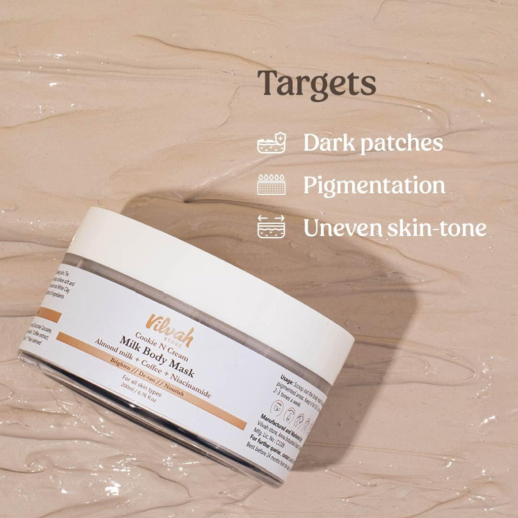 Vilvah Cookie N Cream Body Mask | Tan Removal & Brightening Body Pack | Reduces Pigmentation, Dark Patches & Body Acne | With Almond Milk, Coffee, Niacinamide & Kaolin Clay | 200ml
