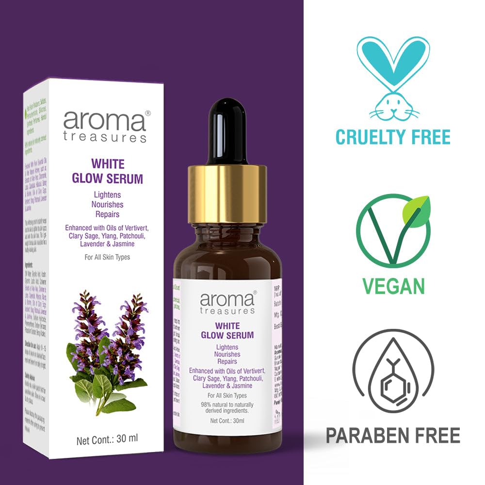 Aroma Treasures White Glow Face Serum | Skin Brightening and Anti-Dark Spots | Lightens, Nourishes, Repairs | 98% Natural to Naturally Derived Ingredients | For all skin types - 30ml