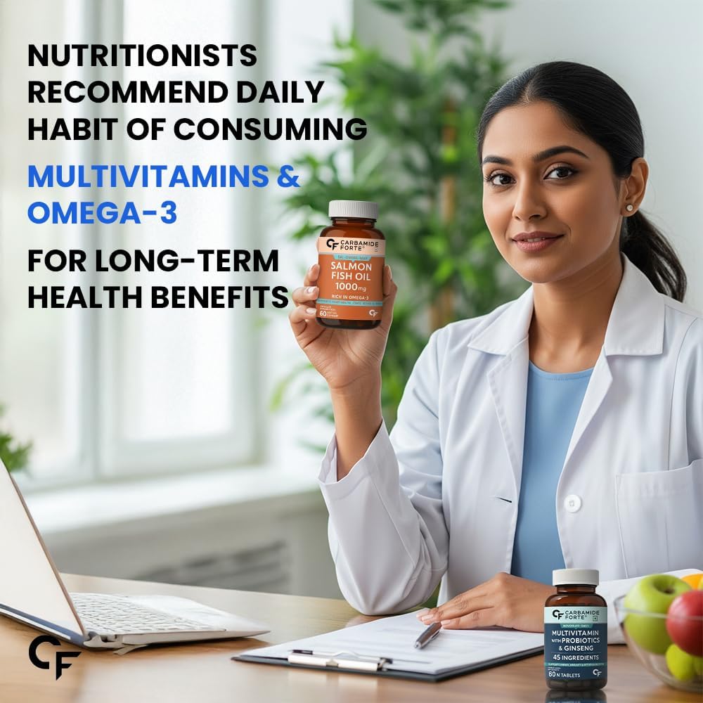 Carbamide Forte Multivitamin Tablet for Men with Probiotics & Salmon Omega 3 fish Oil Capsules | Salmon Fish Oil Omega 3 Capsule 1000mg and Multivitamin Tablets Combo | 60 Tablets + 60 Softgels
