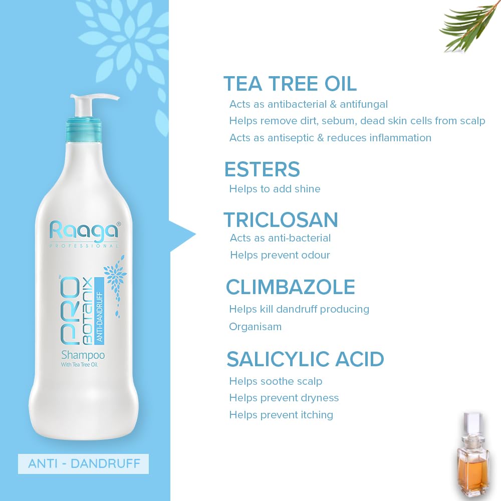 Raaga Professional Pro Botanix Anti-Dandruff Shampoo with Tea Tree Oil | Reduces Itchiness & Flaking, Prevents Dryness | Suitable For Men and Women (1000 ml)