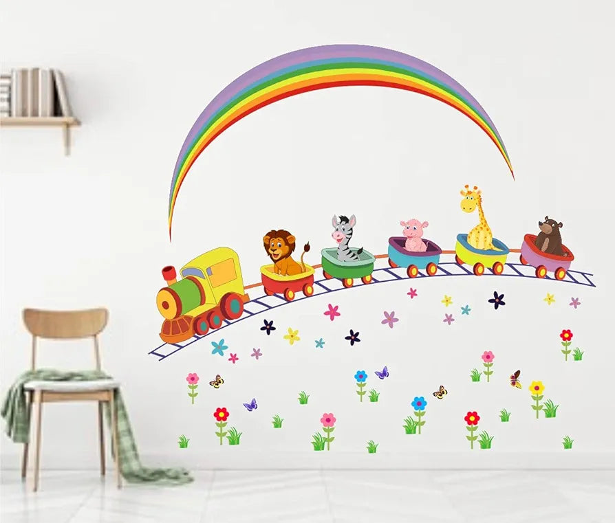 Heaven Decors Animals Cartoon Activity with Train Rainbow Flower Decorative Kids Room Sticker Multicolor
