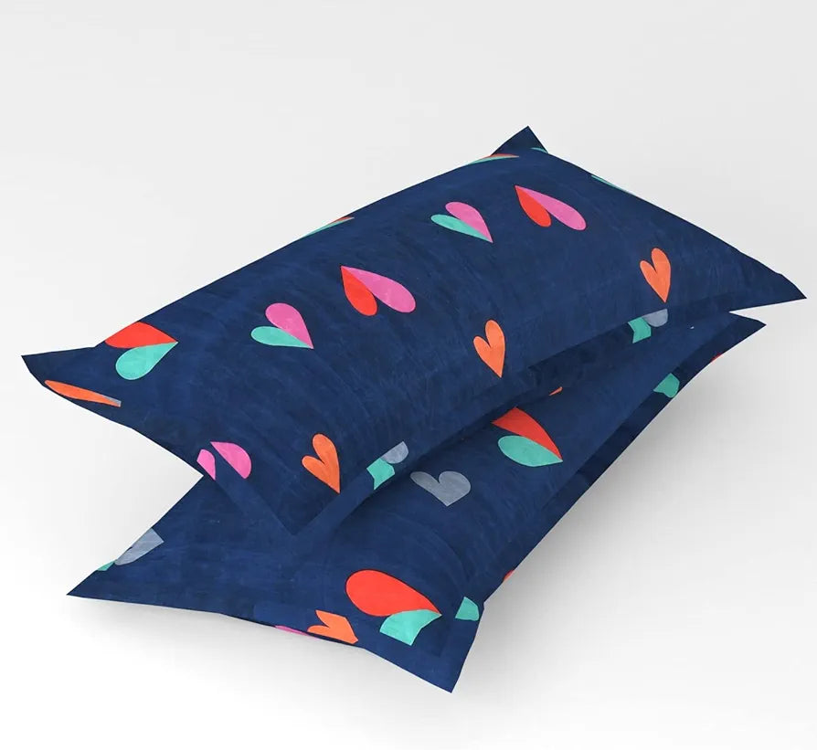 Homefab India 144 TC Microfiber Double Bedsheet with 2 Pillow Covers Dark Blue Heart