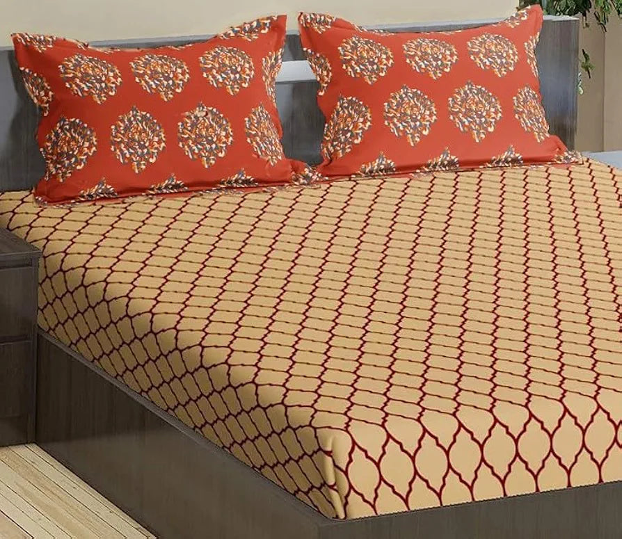 Trance Home Linen 200TC 100% Cotton 78"X60" Standard Queen Size Elastic Fitted Bedsheet Printed Queen Bed Size with 2 Pillow Covers Colour Dori&Damask-Clay Red