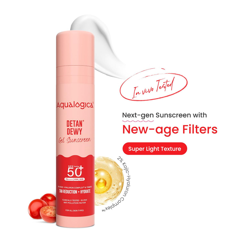 Aqualogica Detan+ Dewy Gel Sunscreen SPF 50+ PA++++ with 2% Kojic-Hyaluron Complex & Wild Berries, 50g | Broad Spectrum UVA/UVB & Blue Light Protection | No White Cast | Fragrance-Free | Lightweight | Hydrating | For Men & Women
