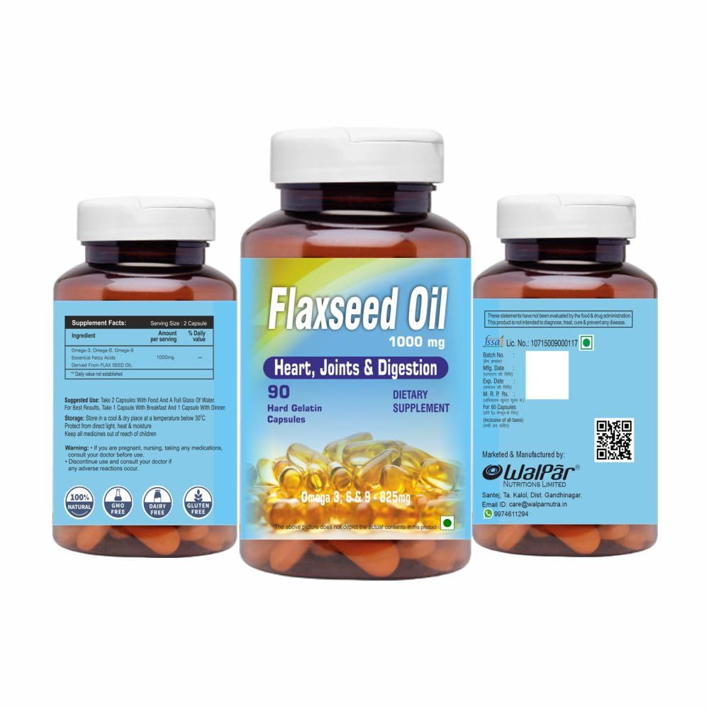 Walpar Cold Pressed Organic Flaxseed Oil 1000mg Omega 3, 6, 9-90 Capsules (Pack of 1)