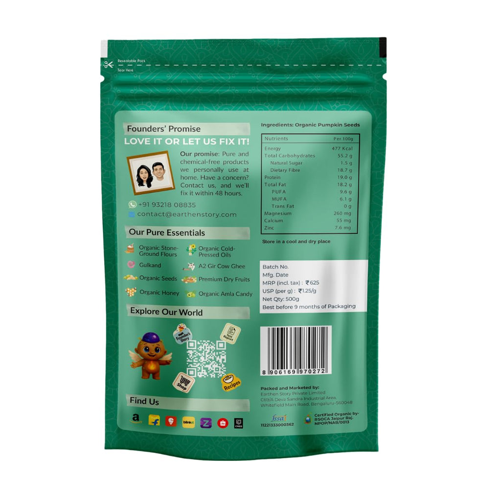 Earthen Story Certified Organic Pumpkin Seeds 500 g | Lab Tested for 250+ Pesticides | NPOP Approved & Traceable with Transaction Certificate | Rich in Protein, Fibre & Essential Nutrients