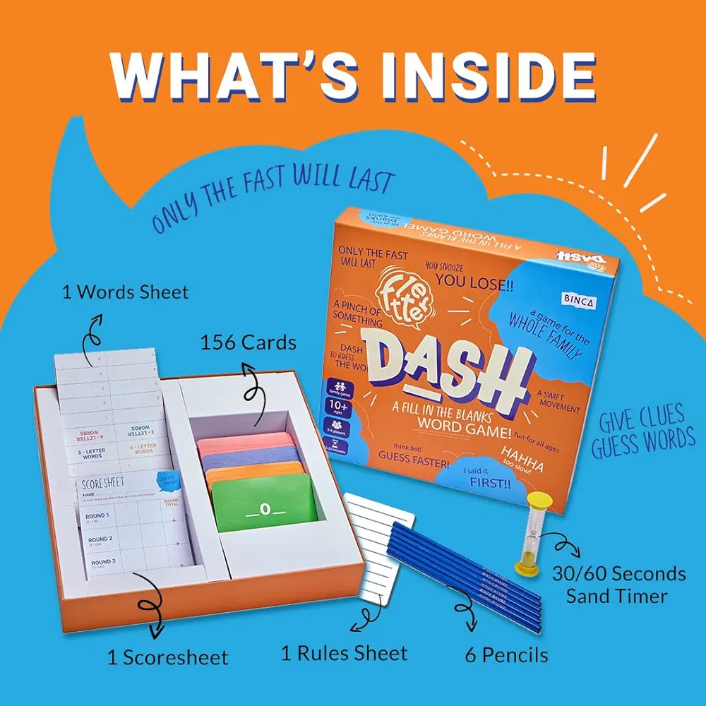 Binca Fletter Dash, A Fun Fill-in-The-Blanks Strategic Word Card Game for All Ages | Fun and Strategic Word Game | Test Vocabulary and Concentration | Ages 7+