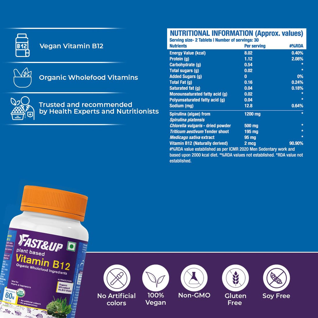 Fast&Up Plant Based B12 (60 Uncoated Tablets)- With Natural Methylcobalamin, USDA Organic Certified, 100% Natural, Preservative Free, Contributes to daily RDA of Vitamin B12