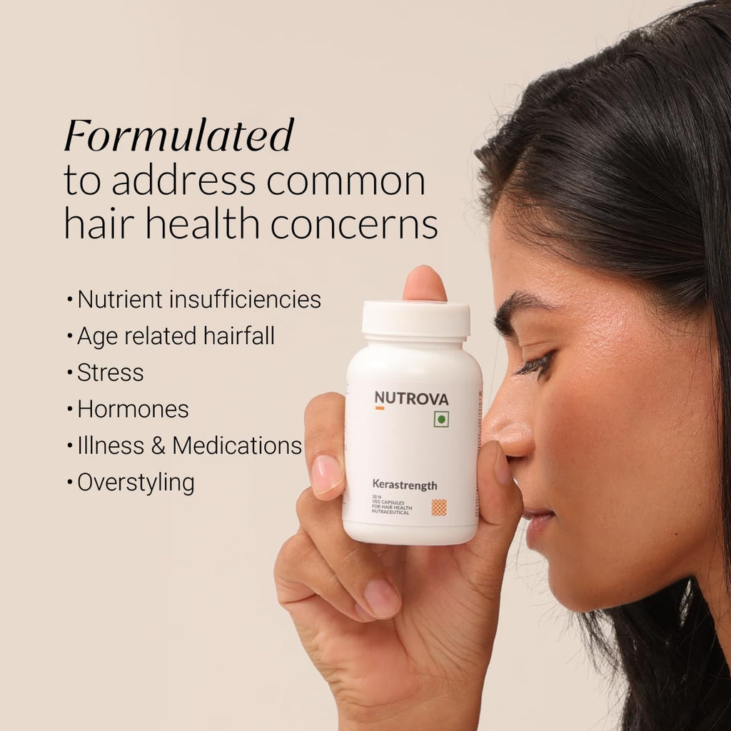 NUTROVA Kerastrength For Men & Women (30 Capsules) With Biotin - Prevents Hair-Fall,Strengthens & Grows Hair With Vitamins A,C,D3,B-Complex,Lycopene Inhibits Hair-Fall Hormone Dht,1 Count