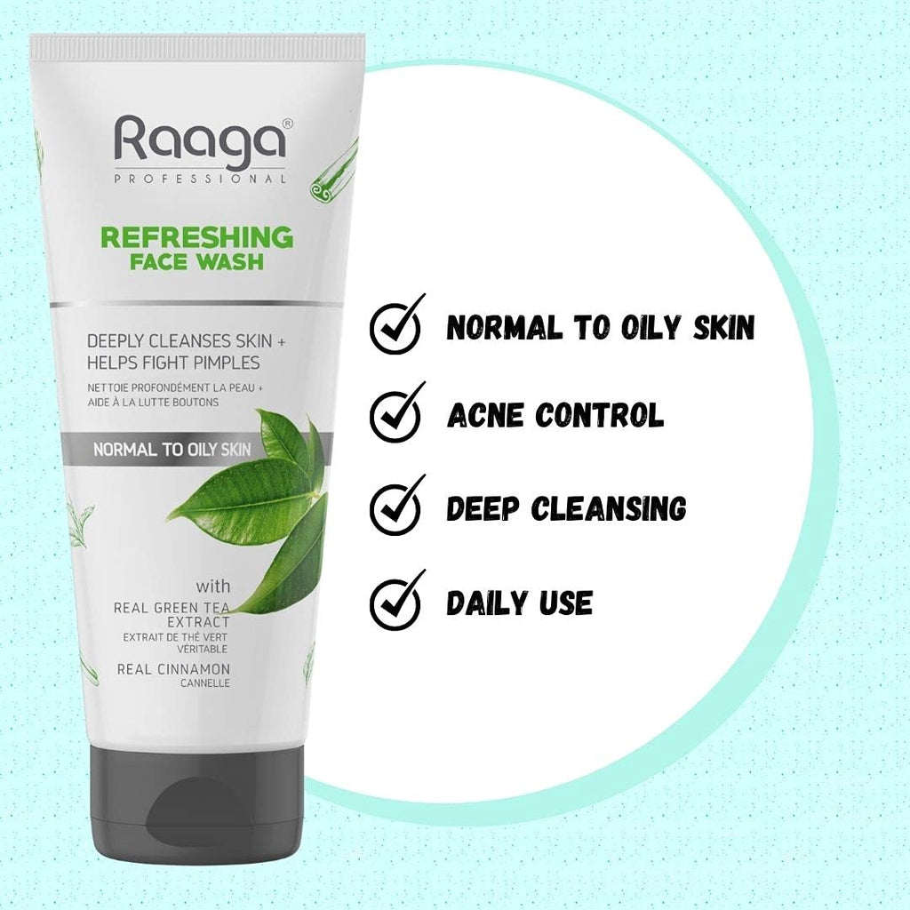 Raaga Professional Refreshing Facewash, With Real Green Tea Extract & Cinnamon, Normal to Oily Skin, 80 ml