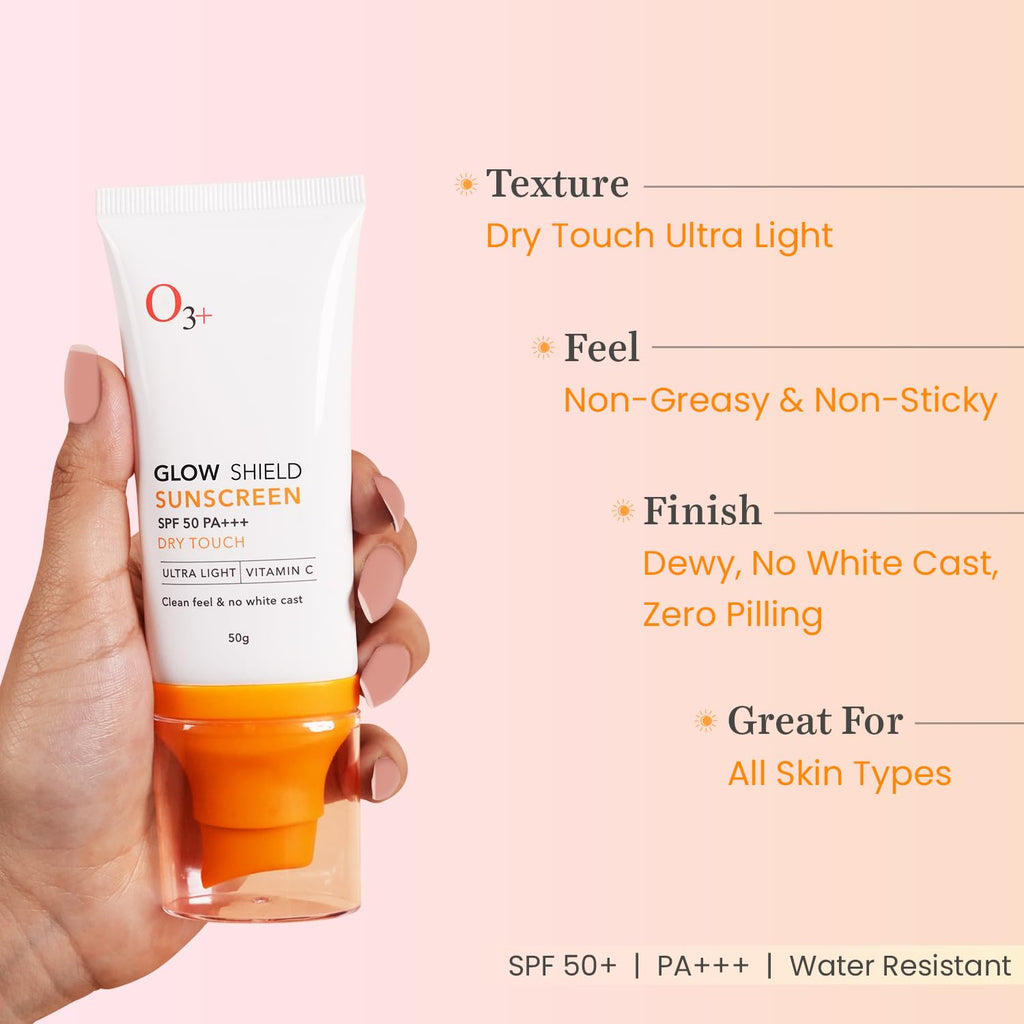 O3+ Glow Shield Sunscreen SPF 50 PA+++ (50gm) | Lightweight Cream | No White Cast | Sunscreen For Oily Skin, Dry Skin | For Women & Men