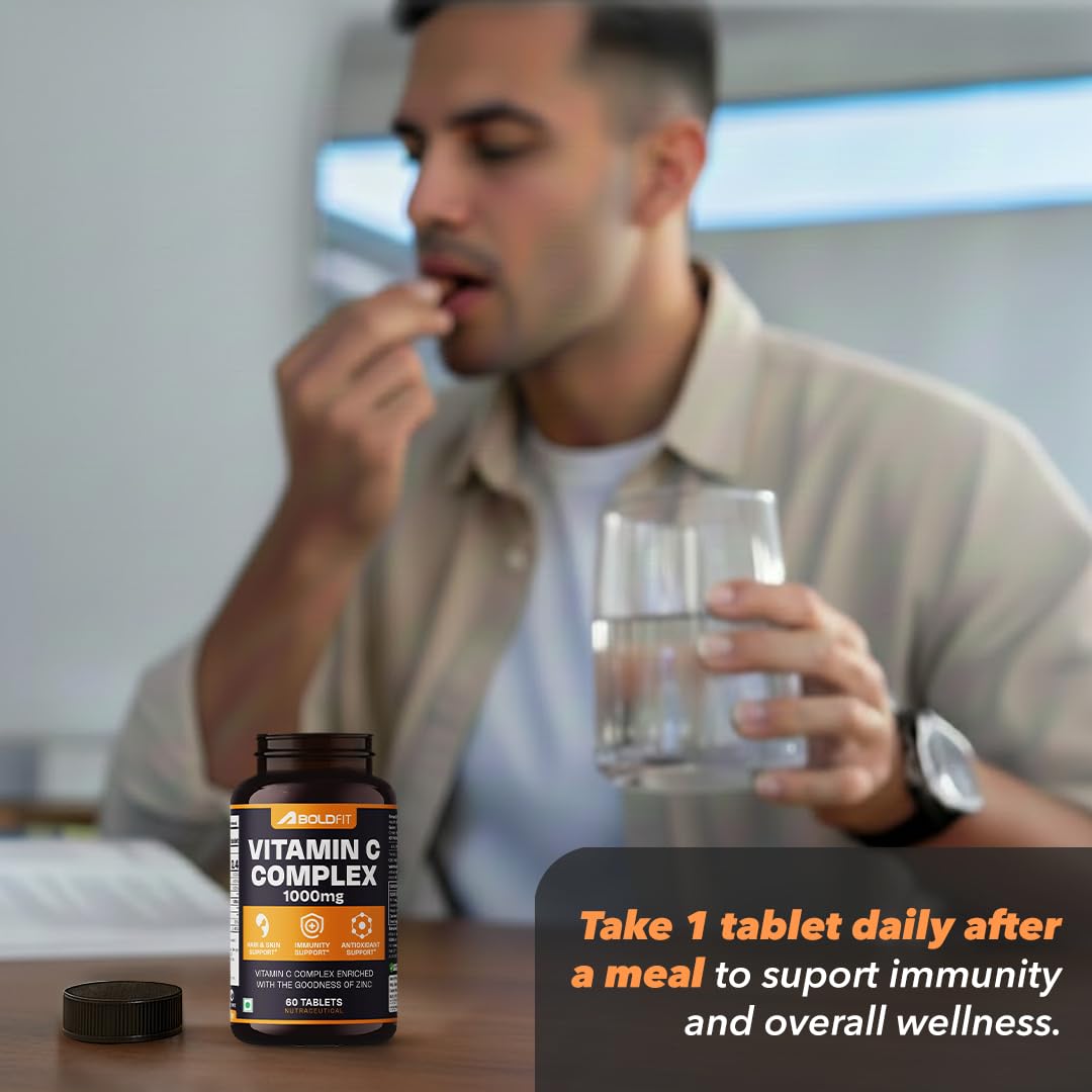 Boldfit Vitamin C Tablets for Men and Women Vitamin C Supplement with Amla Orange Extract and Zinc Immunity Booster Tablets for SkinCare, Antioxidant and Energy - 60 Veg Tablets
