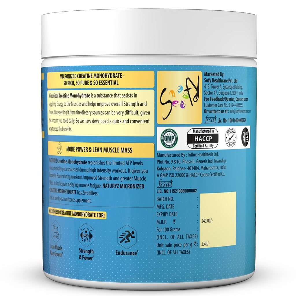 NATURYZ Pure Micronized Creatine Monohydrate | Rapid Absorption | Quercetin | Muscle Strength & Power for Intense Workout | Supports Athletic Performance | Enhances Lean Muscle Volume - 100g(Unflavoured)