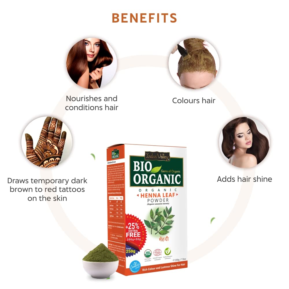 INDUS VALLEY Bio Organic 100% Organic Temporary Dark Brown Red Tattoos and Henna Natural Red Henna Leaf Powder For Hairs (250g)