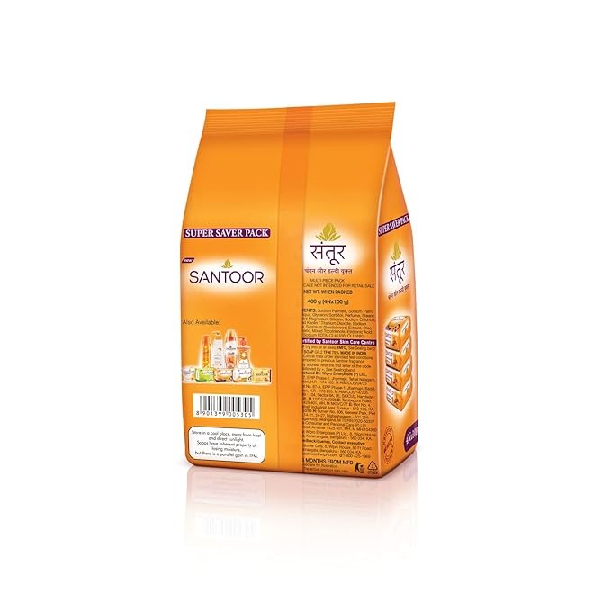 Santoor Skin Moisturizing Sandal & Turmeric Bathing Soap - 100 gms (Pack of 4)