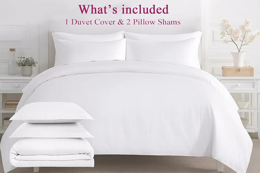Trance Home Linen Zippered 100% Cotton 200 TC Satin Stripe Queen Duvet Cover Quilt Cover with 2 Pillow Covers Colour White