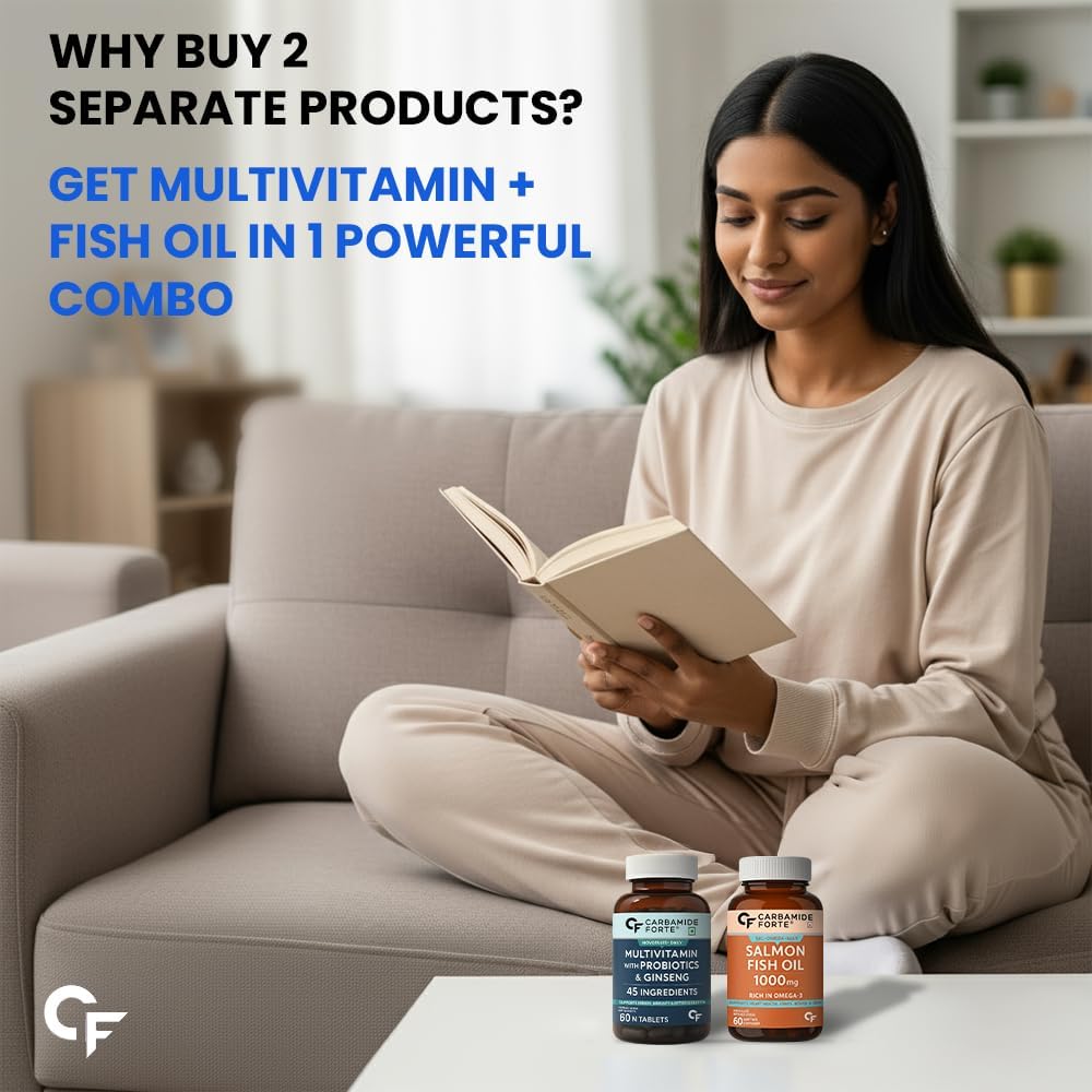 Carbamide Forte Multivitamin Tablet for Men with Probiotics & Salmon Omega 3 fish Oil Capsules | Salmon Fish Oil Omega 3 Capsule 1000mg and Multivitamin Tablets Combo | 60 Tablets + 60 Softgels