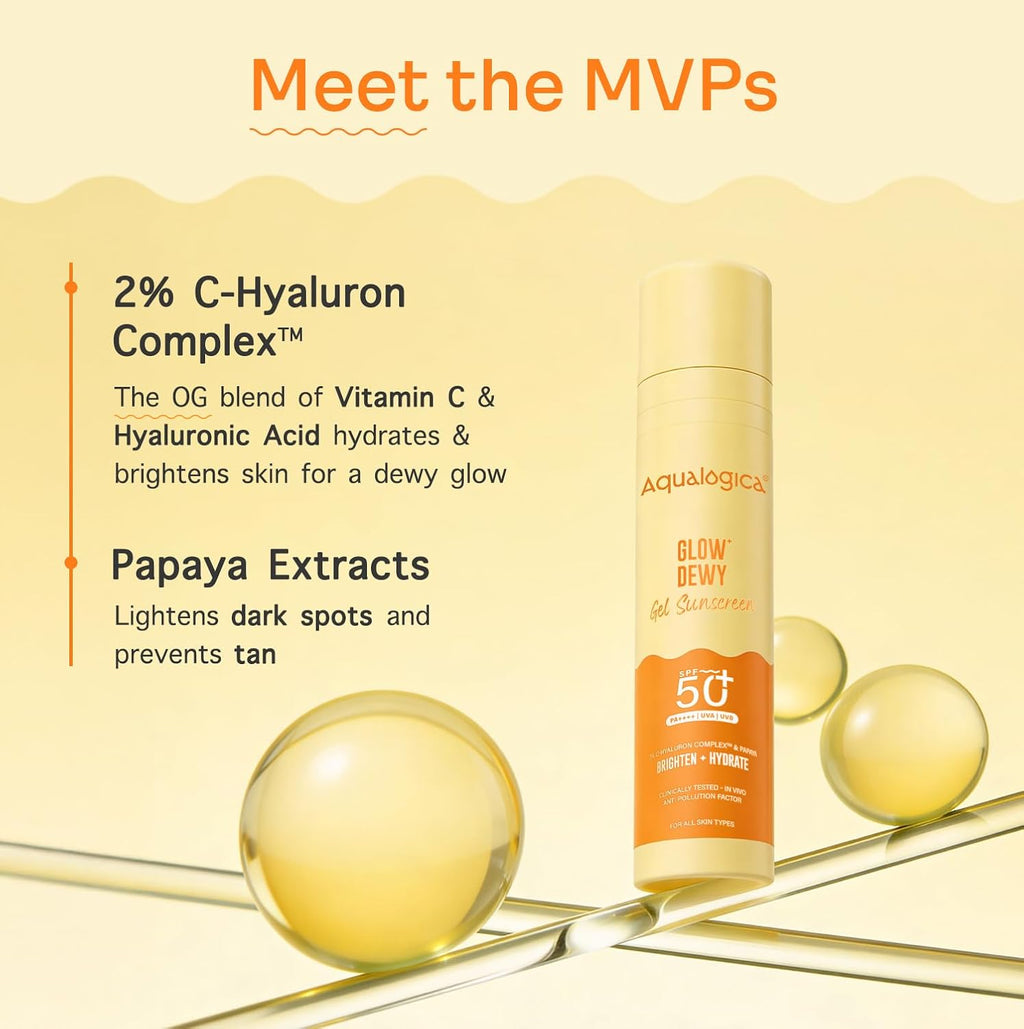 Aqualogica Glow+ Dewy Gel Sunscreen 50g | SPF 50+ PA++++ | 12-Hour Sun & Tan Protection | C-Hyaluron Complex & Papaya | Broad Spectrum UVA/UVB & Blue Light Protection | Fragrance-Free, No White Cast | Lightweight | For Men & Women