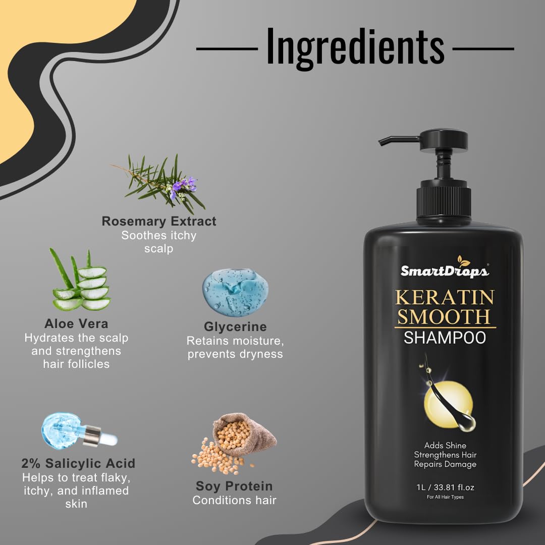 Smartdrops Keratin Shampoo for Frizzy & Dry Hair | Dandruff Care & Hair Fall Control | Repairs Damaged Hair | For Men & Women’s Hair Shampoo | 1 Ltr