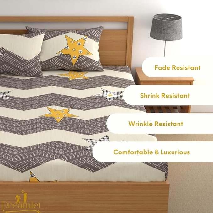 Dreamlet All Around Elastic Supersoft 210tc Premium Cotton Elastic Fitted Bedsheets With 2 King Size Pillow Covers | Grey and Yellow