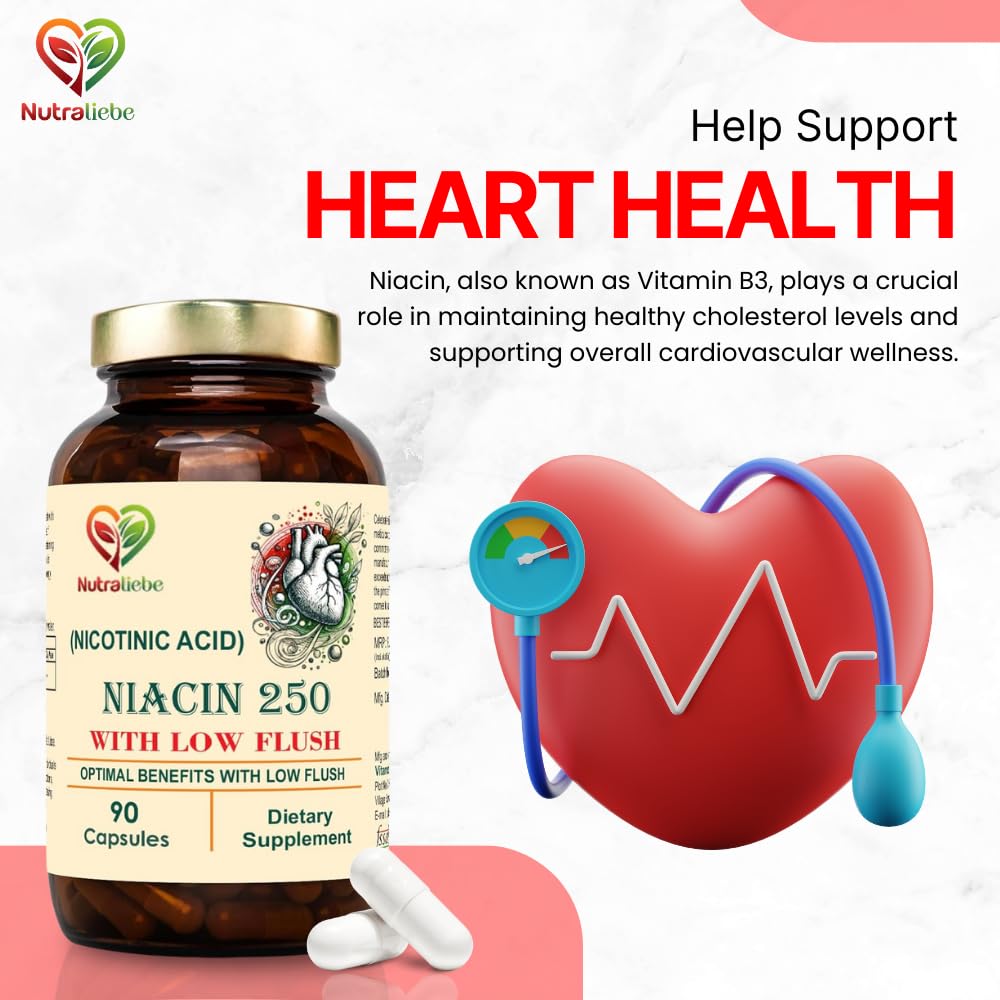 Nutraliebe Niacin Nicotinic Acid - Moderate Dose, Low Flush Formula, 90 Capsules for Cardiovascular and Energy Support