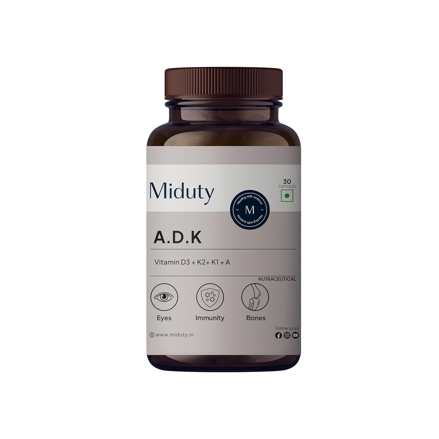 Miduty Vitamin ADK Multivitamin Contains Vitamin A - D3 - K1 - K2 Immunity Booster, Bone Strength, Healthy Heart Vitamin ADK Supplement For Men and Women - 30 Capsules
