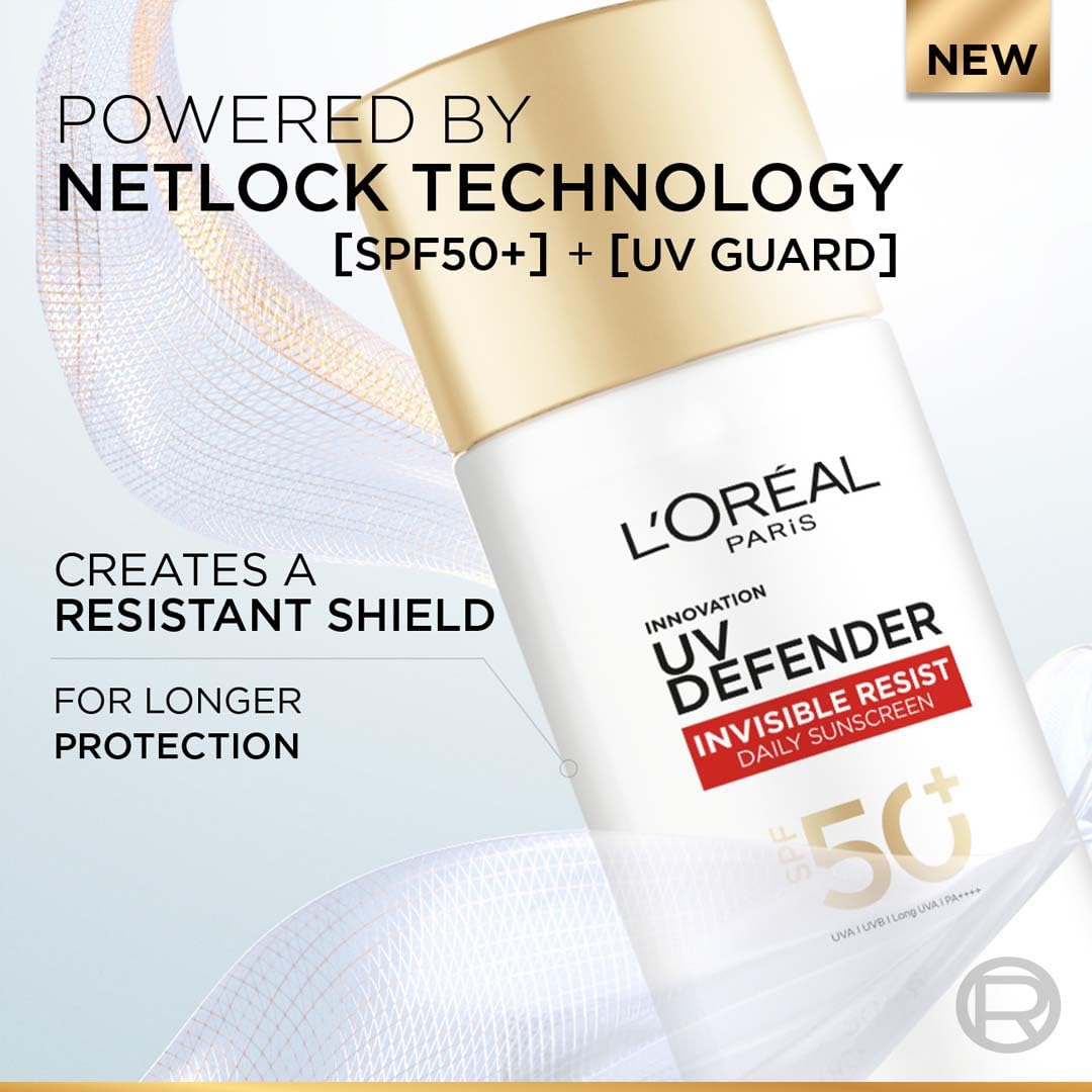 L'Oreal Paris Uv Defender Invisible Resist Daily Sunscreen Spf50+ Pa++++ 50Ml |All Skin Lightweight, Waterproof, Sweatproof & Protects From Pollution & Dust