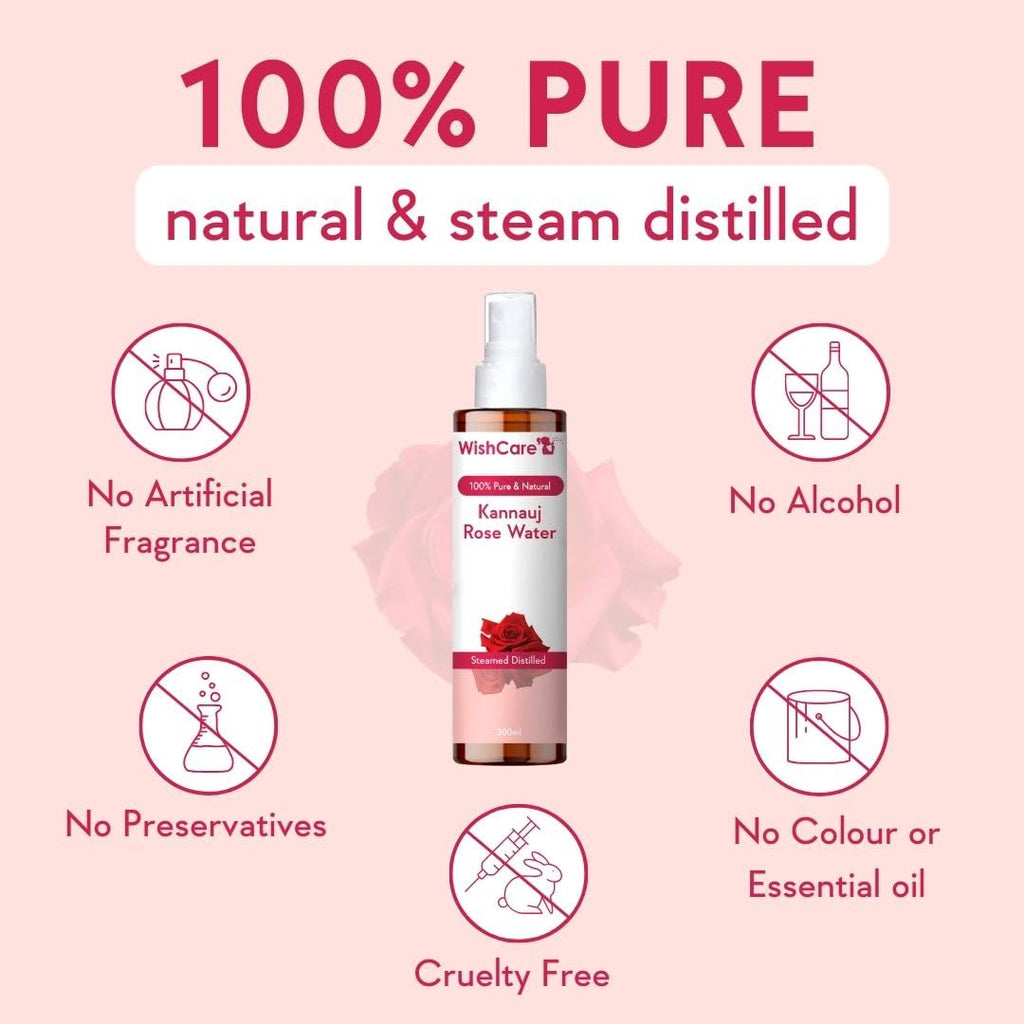 WishCare 100% Pure & Natural Rose Water For Face, Skin & Hair - Rose Water Toner for Glowing Skin - Free from Paraben & Alcohol 200ml