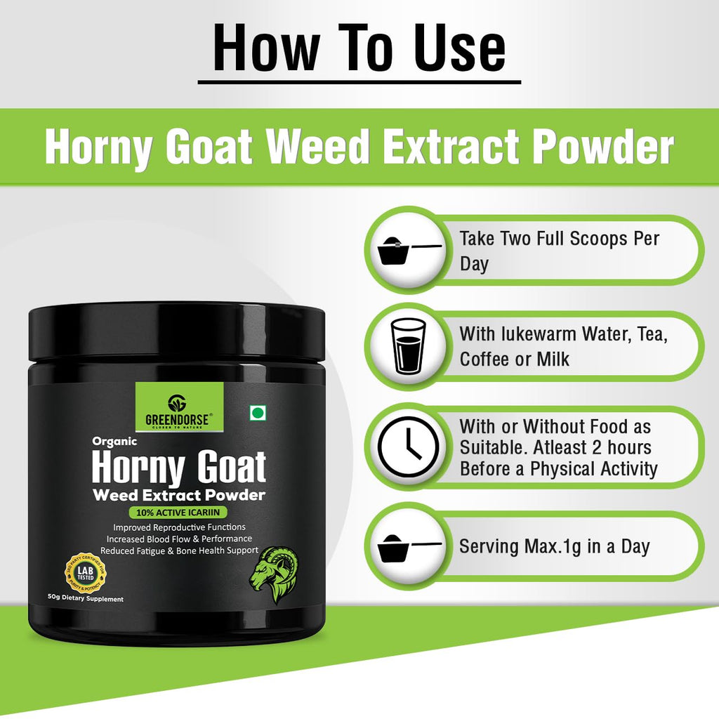 GREENDORSE Organic Horny Goat Weed Extract Powder |With 10% Active Icariins| 3 Months Supply | Supports Strength, Stamina, Performance & Energy, Vegan Friendly-50g