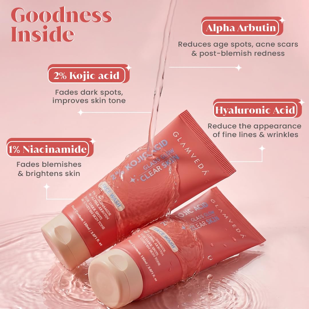 Glamveda 2% Kojic Acid Face Wash 150ml | With Niacinamide & Alpha Arbutin | Reduces Dark Spots, Pigmentation, Uneven Tone & Tan Removal | Cleanses & Skin Brightening | For Women & Men | All Skin Type