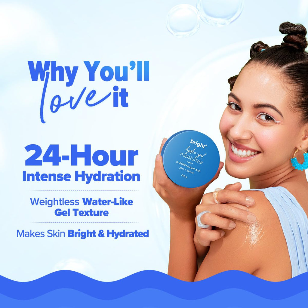 Aqualogica Bright+ Hydra Gel Moisturizer with Blueberry & Kojic Acid - 200 g | 24-Hour Intense Hydration | Water-Like Gel Texture | Makes Skin Bright & Spotless | For All Skin Types