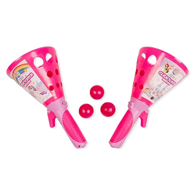 Ratna's Click & Catch Plastic Twin Ball Indoor & Outdoor Game Pop and Catch Launcher Basket Toy | Unicorn Pink
