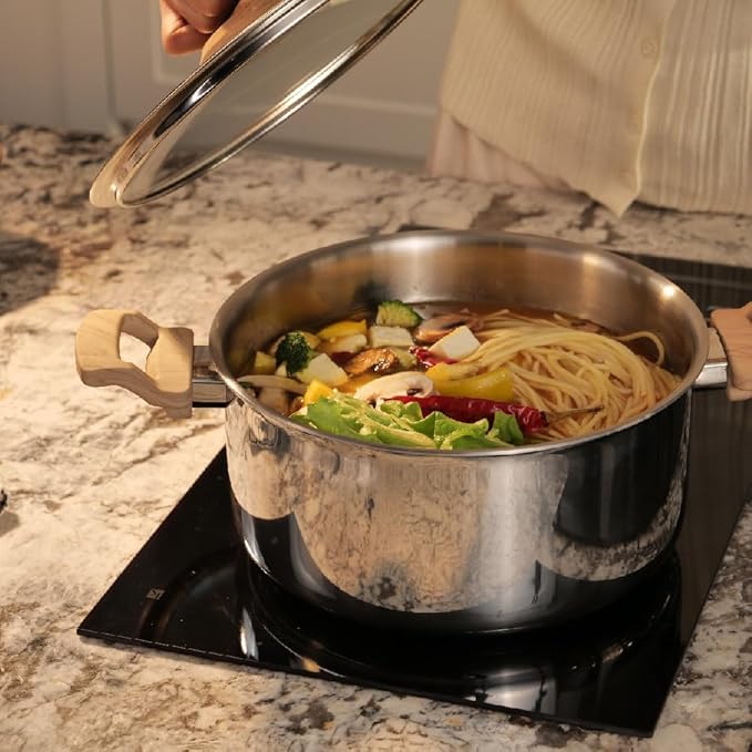 Arttdinox Timber Stainless Steel Triply Pot With Glass Lid for Biryani | 20 Cm | 3 Ltrs | Wood Finished Handle | Jindal Stainless
